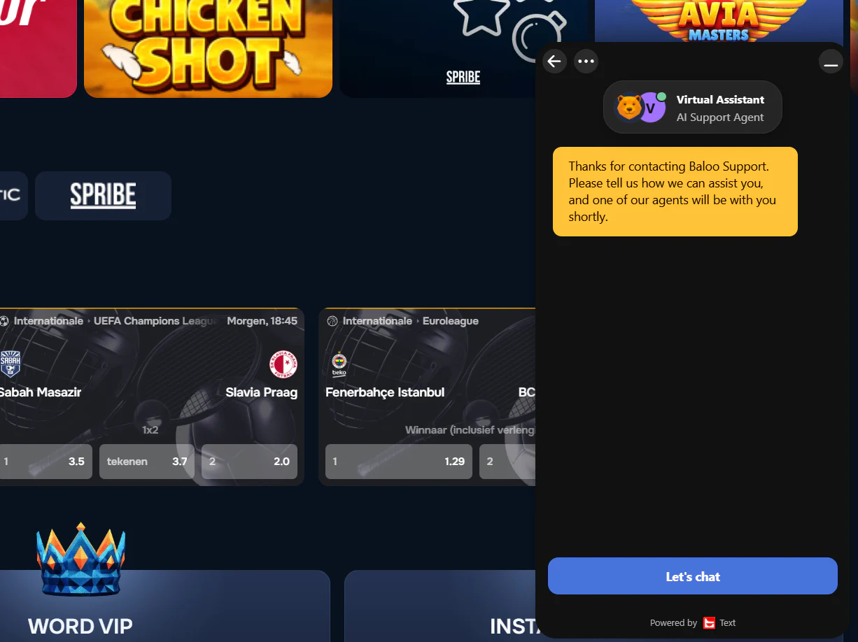 BalooBet Casino live chat met virtuele assistent voor klantenondersteuning